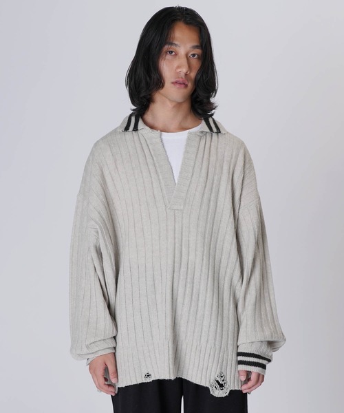 Aphlotus（アプロタス）の「オーバーサイズポロニット（ポロシャツ・メンズ・グレー/ブラック・MEDIUM/SMALL/LARGE）」の9枚目の写真