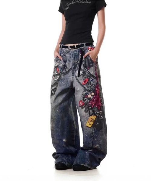 WESTSEA（ウエストシー）の「チェーンプリント デニムライク ワイドパンツ（その他パンツ・レディース・ブルー・M/L）」の3枚目の写真