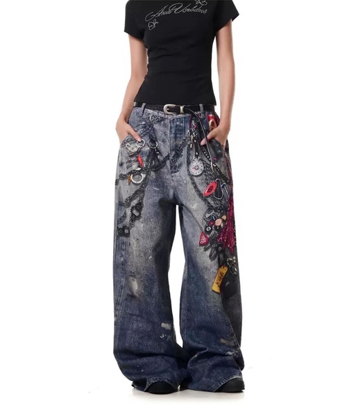 WESTSEA（ウエストシー）の「チェーンプリント デニムライク ワイドパンツ（その他パンツ・レディース・ブルー・M/L）」の4枚目の写真