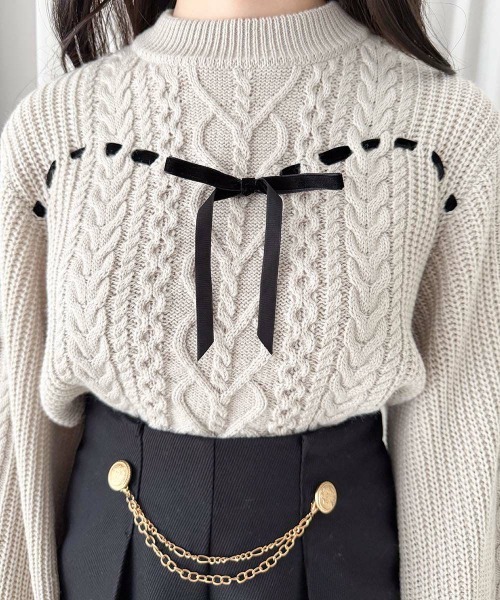 F i.n.t（フィント）の「ハートはしごリボンケーブルニットプルオーバー/fint フィント（ニット/セーター・レディース・ライトグレー/オフホワイト・FREE）」の10枚目の写真