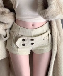 ベルト付きコーデュロイショートパンツ／脚長効果／ローウエスト/ローライズ