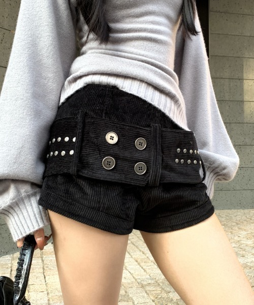 セール】ベルト付きコーデュロイショートパンツ／脚長効果／ロー