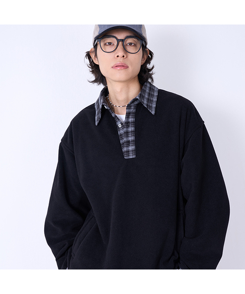 GOSTREET(ゴーストリート)の「オーバーサイズチェックカラー フリースシャツ アノラック ブラック(シャツ/ブラウス・メンズ・ブラック・MEDIUM/LARGE)」の1枚目の写真