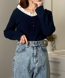フリル付きヘンリーネックニットプルオーバー【NOUA】