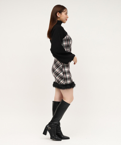 ROYAL PARTY（ロイヤルパーティー）の「チェックレイヤードヘムファーニットミニワンピース（ワンピース・レディース・ブラック/モカ/グレー・FREE）」の5枚目の写真