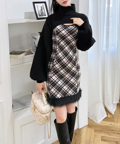 ROYAL PARTY（ロイヤルパーティー）の「チェックレイヤードヘムファーニットミニワンピース（ワンピース・レディース・ブラック/モカ/グレー・FREE）」の13枚目の写真