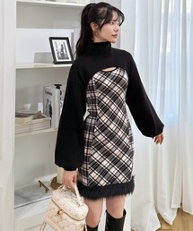 ROYAL PARTY | チェックレイヤードヘムファーニットミニワンピース(ワンピース)