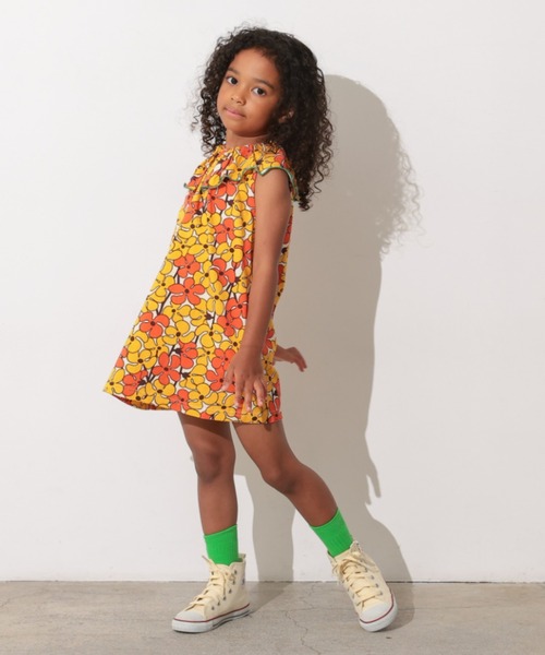 Ocean&Ground（オーシャン&グラウンド）の「ﾚﾄﾛﾊﾟﾀｰﾝﾌﾘﾙｶﾗｰﾜﾝﾋﾟｰｽ（ワンピース・キッズ・パープル/グリーン/イエロー・120/110/100/90/140/130）」の8枚目の写真