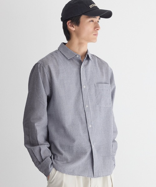 coca(coca)(コカ)の「シアサッカーストライプ長袖シャツ(シャツ/ブラウス・メンズ・ネイビー/カーキ・XL/L/M)」の2枚目の写真