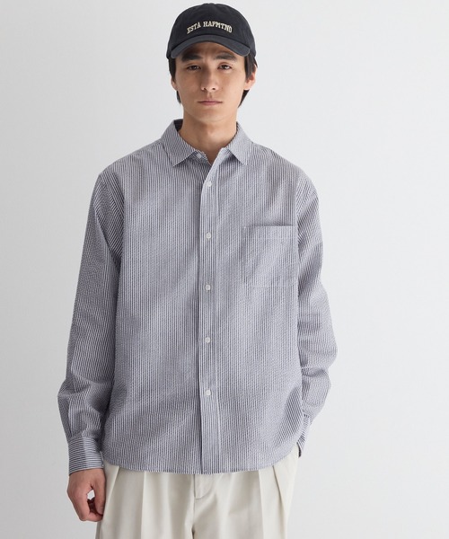 coca(coca)(コカ)の「シアサッカーストライプ長袖シャツ(シャツ/ブラウス・メンズ・ネイビー/カーキ・XL/L/M)」の4枚目の写真