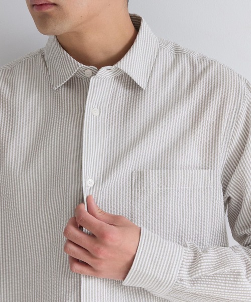 coca(coca)(コカ)の「シアサッカーストライプ長袖シャツ(シャツ/ブラウス・メンズ・ネイビー/カーキ・XL/L/M)」の13枚目の写真