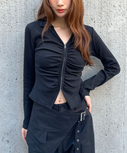 3.3 Field Trip （3.3フィールドトリップ）の「3.3 Field Trip／フロントシャーリングジップロングスリーブ（Tシャツ/カットソー・レディース・ブラック/ピンク/グレー・FREE）」の2枚目の写真