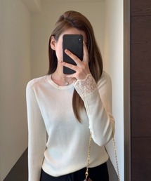 ショルダー&袖口レースリブロングTシャツ レディース 長袖トップス