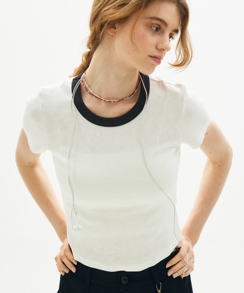 full/fill.(フルフィル)の「bicolor rib short T / バイカラーリブショートT(Tシャツ/カットソー・レディース・ブラウン/ホワイト/グレー・FREE)」の2枚目の写真