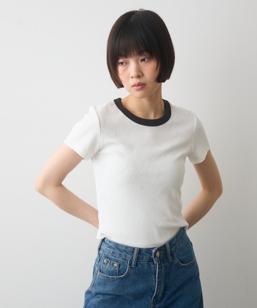 full/fill.(フルフィル)の「bicolor rib short T / バイカラーリブショートT(Tシャツ/カットソー・レディース・ブラウン/ホワイト/グレー・FREE)」の4枚目の写真