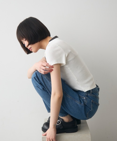 full/fill.(フルフィル)の「bicolor rib short T / バイカラーリブショートT(Tシャツ/カットソー・レディース・ブラウン/ホワイト/グレー・FREE)」の7枚目の写真