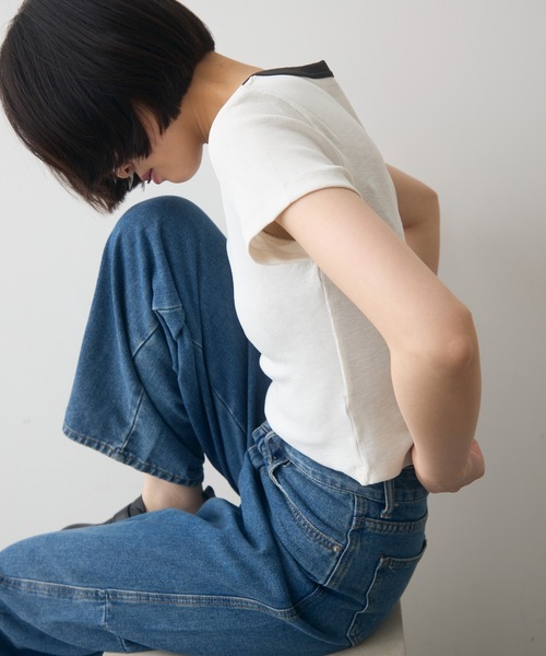 full/fill.(フルフィル)の「bicolor rib short T / バイカラーリブショートT(Tシャツ/カットソー・レディース・ブラウン/ホワイト/グレー・FREE)」の9枚目の写真
