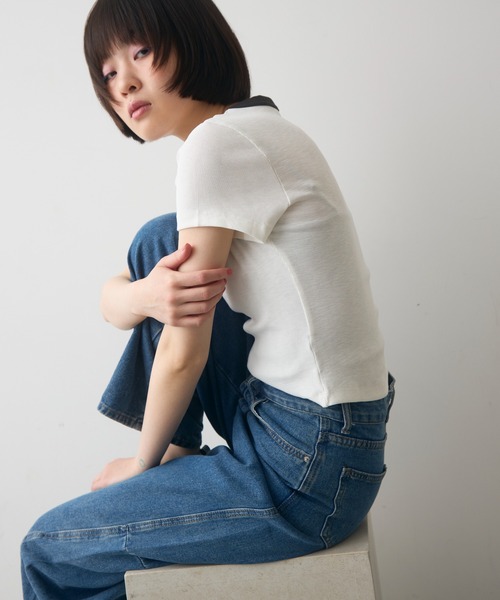 full/fill.(フルフィル)の「bicolor rib short T / バイカラーリブショートT(Tシャツ/カットソー・レディース・ブラウン/ホワイト/グレー・FREE)」の10枚目の写真