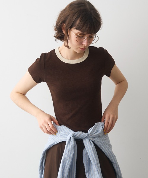 full/fill.(フルフィル)の「bicolor rib short T / バイカラーリブショートT(Tシャツ/カットソー・レディース・ブラウン/ホワイト/グレー・FREE)」の15枚目の写真