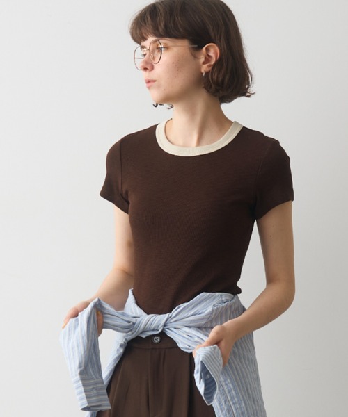 full/fill.(フルフィル)の「bicolor rib short T / バイカラーリブショートT(Tシャツ/カットソー・レディース・ブラウン/ホワイト/グレー・FREE)」の16枚目の写真