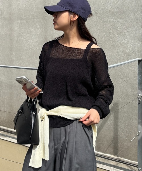メッシュニットプルオーバー ブラック(レディース XL)中古 古着 X6142 Nilway（ニルウェイ） tシャツ 透かし編み プルオーバー メッシュ