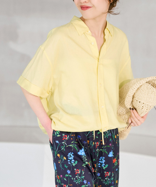 今期完売　リネンブレンドハーフスリーブヘムギャザーシャツ　美品 セール】リネンブレンドハーフスリーブヘムギャザーシャツ（シャツ
