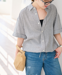 美品✨スピックアンドスパン】ブルーストライプ半袖リボンシャツ　リネン100% Spick & Span - 美品✨スピックアンドスパン】ブルーストライプ半袖