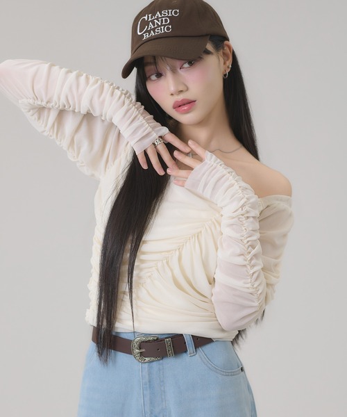 apres jour mignon(アプレジュールミニョン)の「2WAYシャーリングトップス(Tシャツ/カットソー・レディース・ライトグレー/アイボリー/ブラック・フリー/LARGE)」の2枚目の写真