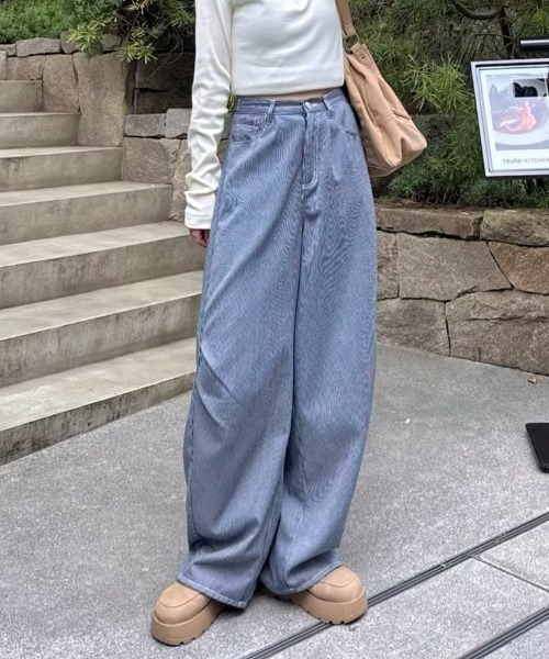 無地&ストライプ/2サイズ展開/低身長サイズ】ヒッコリーカーブパンツ