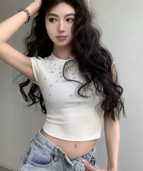 Mejoul（メジュール）の「【2026春夏新作】キラキラビジュークロップドＴシャツ（Tシャツ/カットソー・レディース・ホワイト/ブラック/グレー・F）」の8枚目の写真