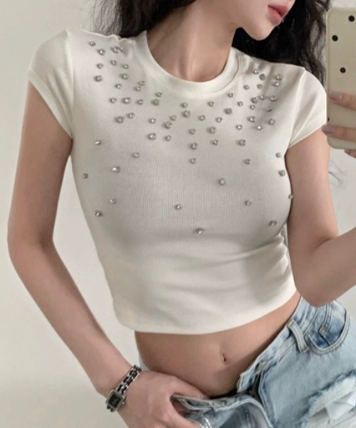 Mejoul（メジュール）の「【2026春夏新作】キラキラビジュークロップドＴシャツ（Tシャツ/カットソー・レディース・ホワイト/ブラック/グレー・F）」の7枚目の写真