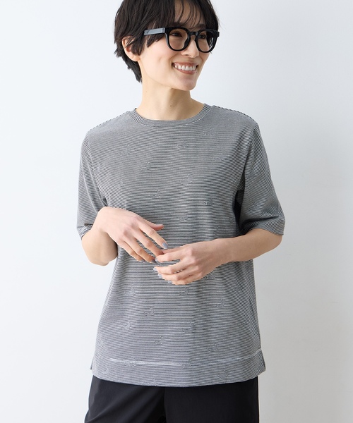 DECOY SINCE 1981（デコイシンスイチキュウハチイチ）の「ミジンボーダー5分袖Tシャツ【オーガニックコットンブレンド・綿100%】（Tシャツ/カットソー・レディース・グリーン/ブルー/ブラック・M/L/LL）」の2枚目の写真
