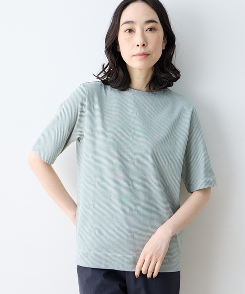DECOY SINCE 1981（デコイシンスイチキュウハチイチ）の「ミジンボーダー5分袖Tシャツ【オーガニックコットンブレンド・綿100%】（Tシャツ/カットソー・レディース・グリーン/ブルー/ブラック・M/L/LL）」の16枚目の写真