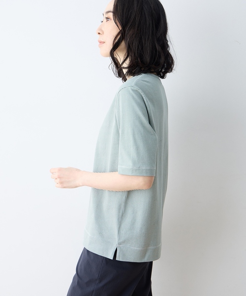DECOY SINCE 1981（デコイシンスイチキュウハチイチ）の「ミジンボーダー5分袖Tシャツ【オーガニックコットンブレンド・綿100%】（Tシャツ/カットソー・レディース・グリーン/ブルー/ブラック・M/L/LL）」の18枚目の写真