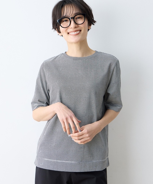 DECOY SINCE 1981（デコイシンスイチキュウハチイチ）の「ミジンボーダー5分袖Tシャツ【オーガニックコットンブレンド・綿100%】（Tシャツ/カットソー・レディース・グリーン/ブルー/ブラック・M/L/LL）」の21枚目の写真