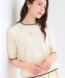 【洗濯機可/S-LL】大人上品なダイヤ編み柄 配色半袖ニット