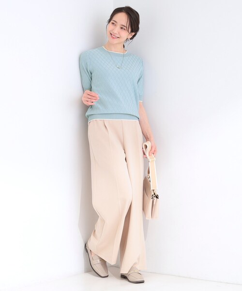 SHOO・LA・RUE（シューラルー）の「【洗濯機可/S-LL】大人上品なダイヤ編み柄 配色半袖ニット（ニット/セーター・レディース・ライトブルー/ブラック/オフホワイト・04/03/02/01）」の14枚目の写真