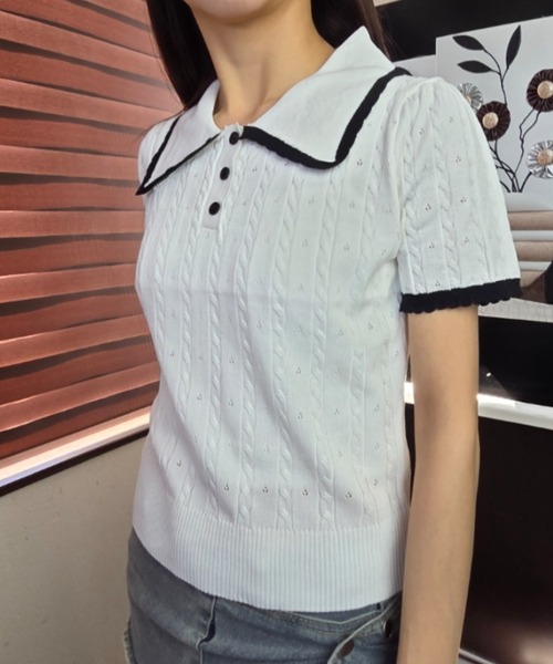 tolene(トレネ)の「【配色ポロ】襟レース フリルニットポロシャツ / レトロガーリー(ポロシャツ・レディース・ブラック/ホワイト・FREE)」の9枚目の写真
