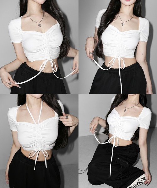 me+em select（ミームセレクト）の「【クロスネックにできる2WAY 】フロントシャーリングリボン半袖ショートＴシャツ ／2WAY front shirring ribbon short sleeve short T-shirt（Tシャツ/カットソー・レディース・グレー/ホワイト/ブラック・FREE）」の7枚目の写真