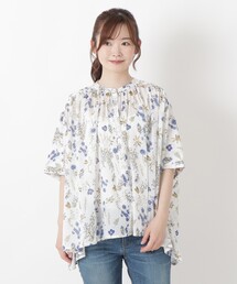 ボイルプリントギャザー5分袖ワイドブラウス