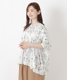 ボイルプリントギャザー5分袖ワイドブラウス