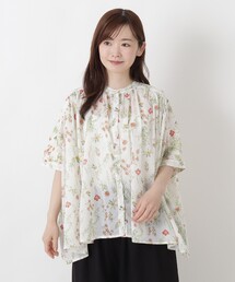 ボイルプリントギャザー5分袖ワイドブラウス