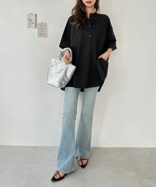 Eclat one(エクラワン)の「【華奢見え/時短】ダブルポケット付バンドカラービッグチュニックシャツ(シャツ/ブラウス・レディース・ホワイト/サックスブルー/ブラック・FREE)」の18枚目の写真