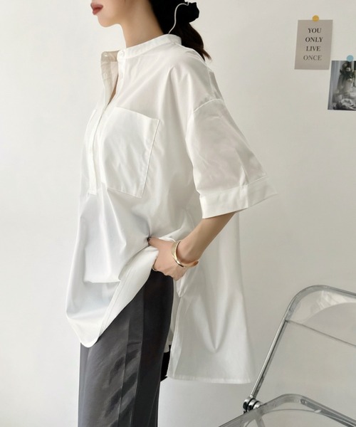 Eclat one(エクラワン)の「【華奢見え/時短】ダブルポケット付バンドカラービッグチュニックシャツ(シャツ/ブラウス・レディース・ホワイト/サックスブルー/ブラック・FREE)」の5枚目の写真