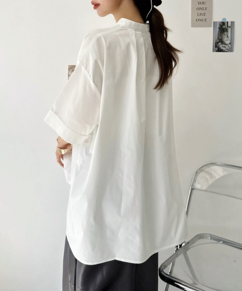 Eclat one(エクラワン)の「【華奢見え/時短】ダブルポケット付バンドカラービッグチュニックシャツ(シャツ/ブラウス・レディース・ホワイト/サックスブルー/ブラック・FREE)」の8枚目の写真