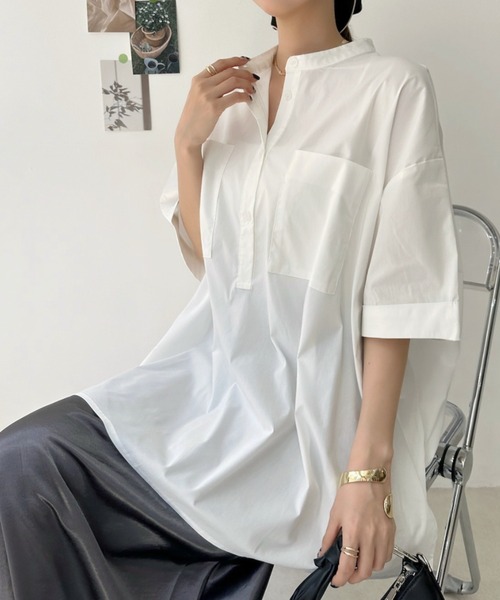Eclat one(エクラワン)の「【華奢見え/時短】ダブルポケット付バンドカラービッグチュニックシャツ(シャツ/ブラウス・レディース・ホワイト/サックスブルー/ブラック・FREE)」の4枚目の写真