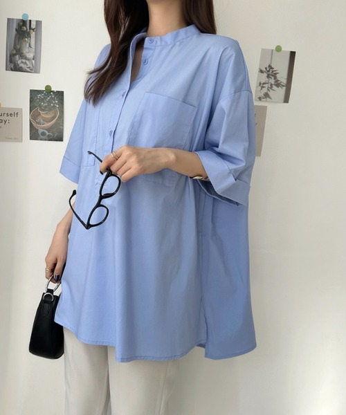 Eclat one(エクラワン)の「【華奢見え/時短】ダブルポケット付バンドカラービッグチュニックシャツ(シャツ/ブラウス・レディース・ホワイト/サックスブルー/ブラック・FREE)」の14枚目の写真