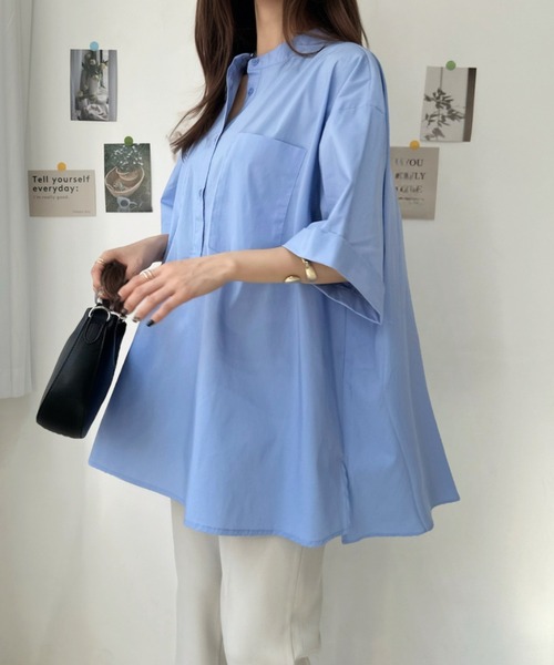 Eclat one(エクラワン)の「【華奢見え/時短】ダブルポケット付バンドカラービッグチュニックシャツ(シャツ/ブラウス・レディース・ホワイト/サックスブルー/ブラック・FREE)」の15枚目の写真