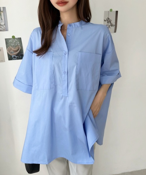 Eclat one(エクラワン)の「【華奢見え/時短】ダブルポケット付バンドカラービッグチュニックシャツ(シャツ/ブラウス・レディース・ホワイト/サックスブルー/ブラック・FREE)」の17枚目の写真