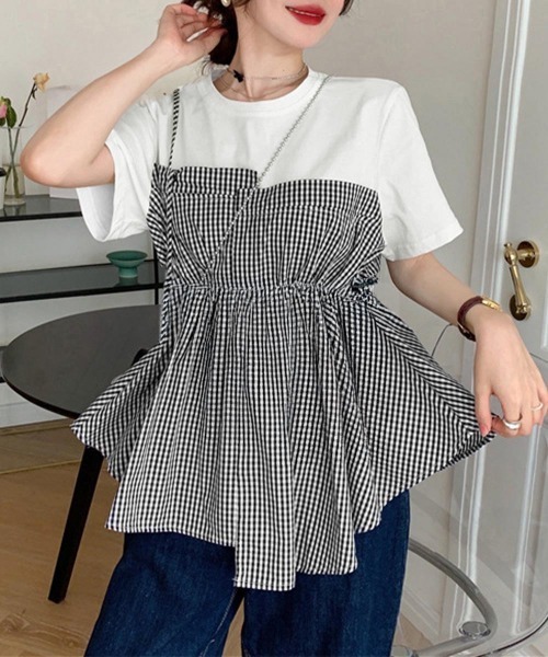 Miniministore(ミニミニストア)の「ドッキングペプラムブラウス 半袖トップス(シャツ/ブラウス・レディース・ブラック系1/ホワイト/ブラック/ホワイト系1/ホワイト×ブラック・M/L)」の4枚目の写真